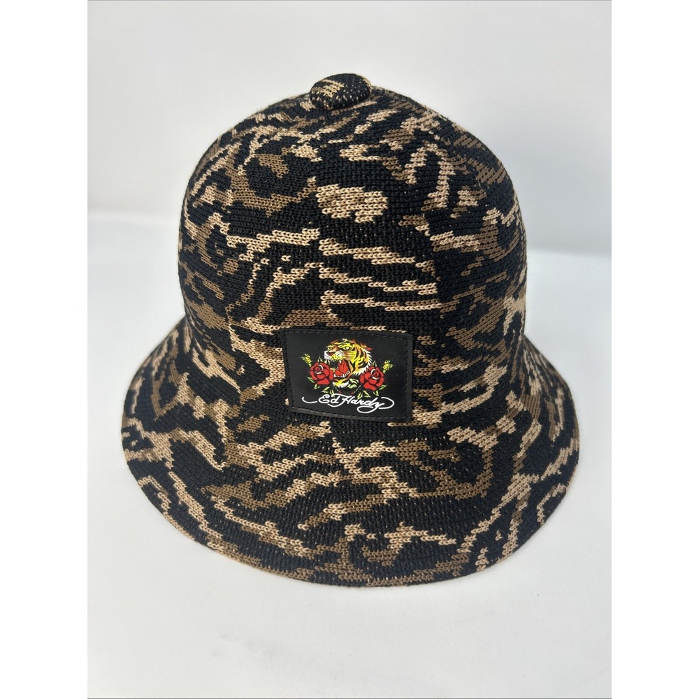 NWOT Ed Hardy Wild Thoughts Bucket Hat Black & Brown Animal Print Knit One Size